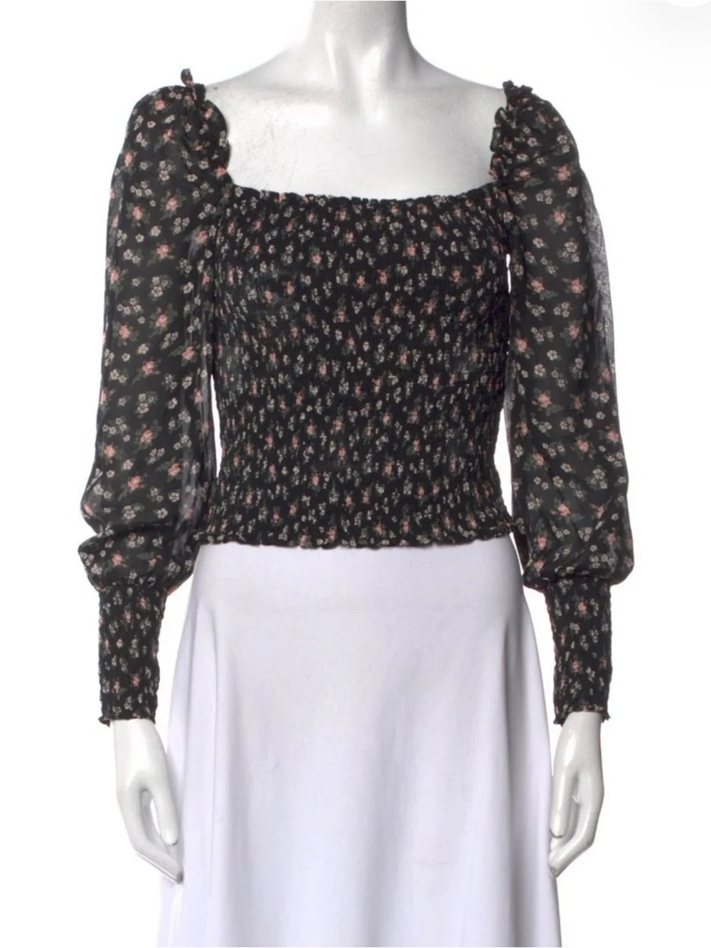 Reformation Black Smocked Floral Top